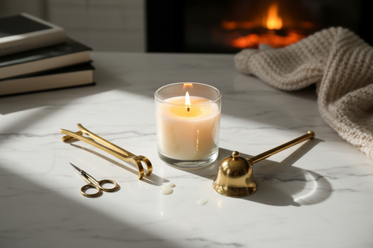 White Candle lit on white counter top with wick trimmers, scissors, and a snuffer next to it. 