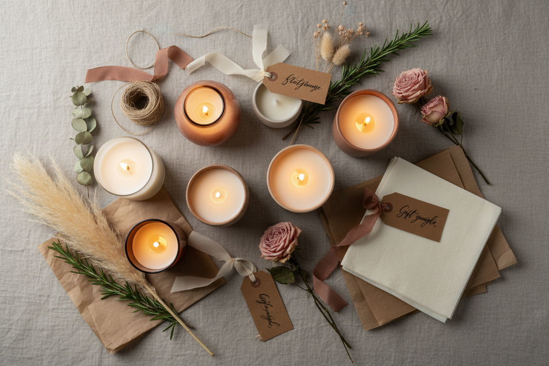 Top view of 6 lit candles surrounded by brown bags tissue and greenery 