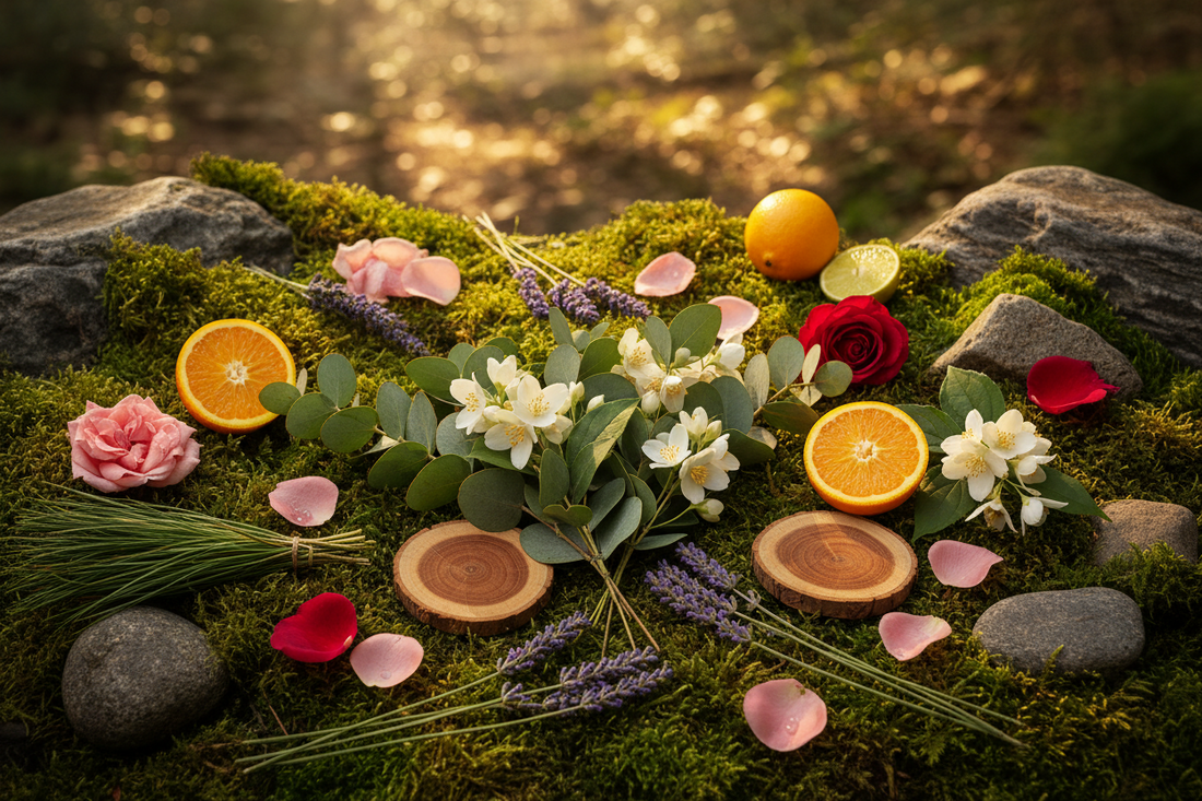 Nature scene with lavender sprigs, orange slices, roses, jasmine, and sunshine in background.