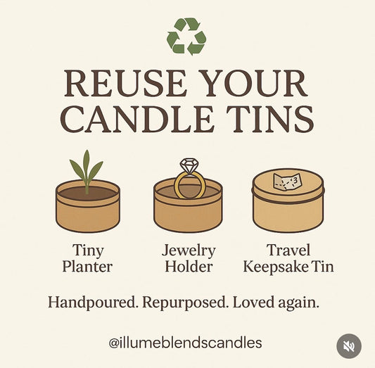 Three candle tins repurposed as a tiny planter, jewelry holder, and travel keepsake tin