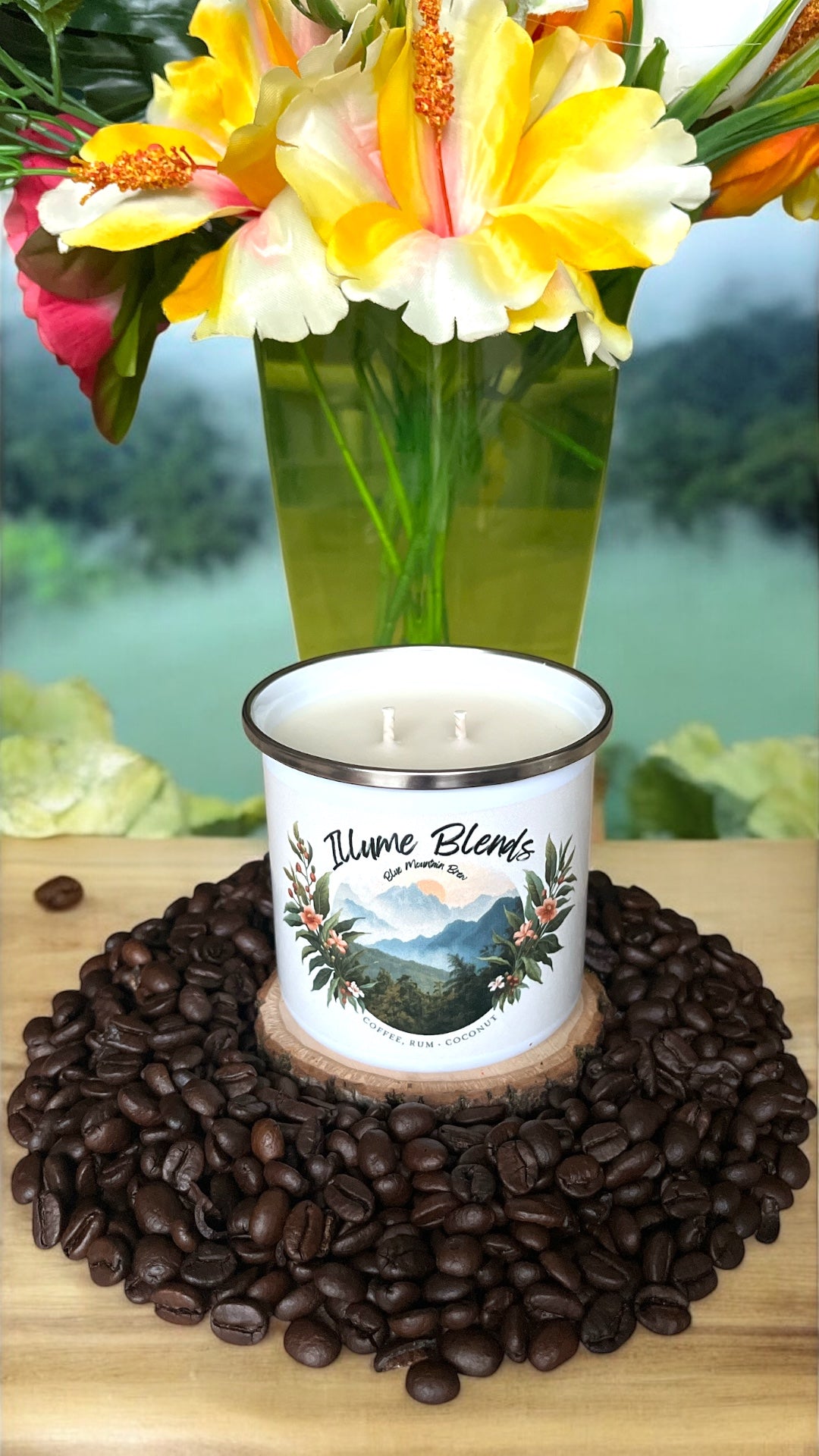 Hand-poured Blue Mountain Brew collaboration candle with coffee, rum, and caramel notes in a reusable vessel