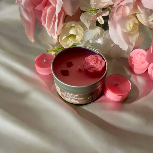 Blushing Rose Noir luxury candle by Illume Blends with rose wax embed and soft pink wax, styled with romantic florals for weddings and Valentine’s Day