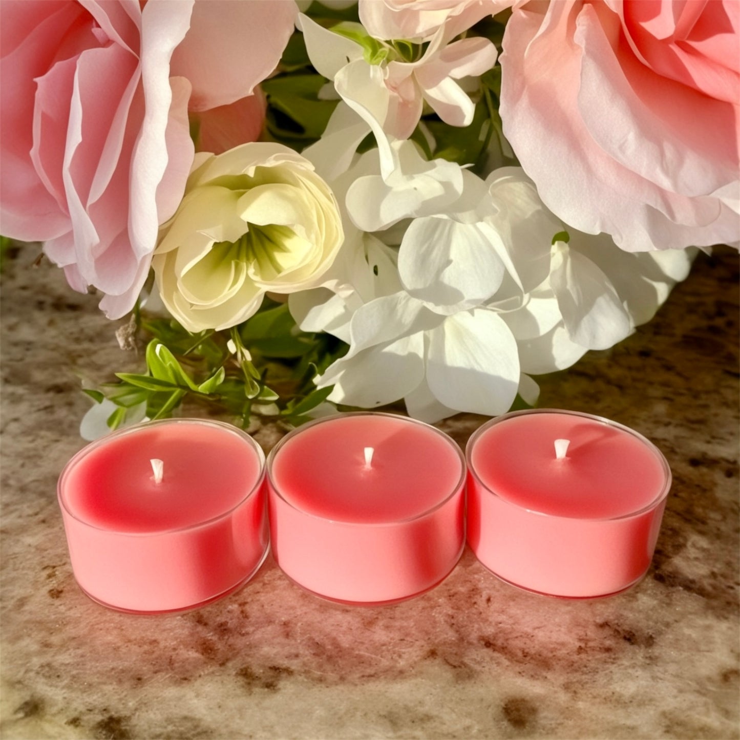 Blushing Rose Noir tealight candles in blush pink, handcrafted to match the signature luxury candle scent