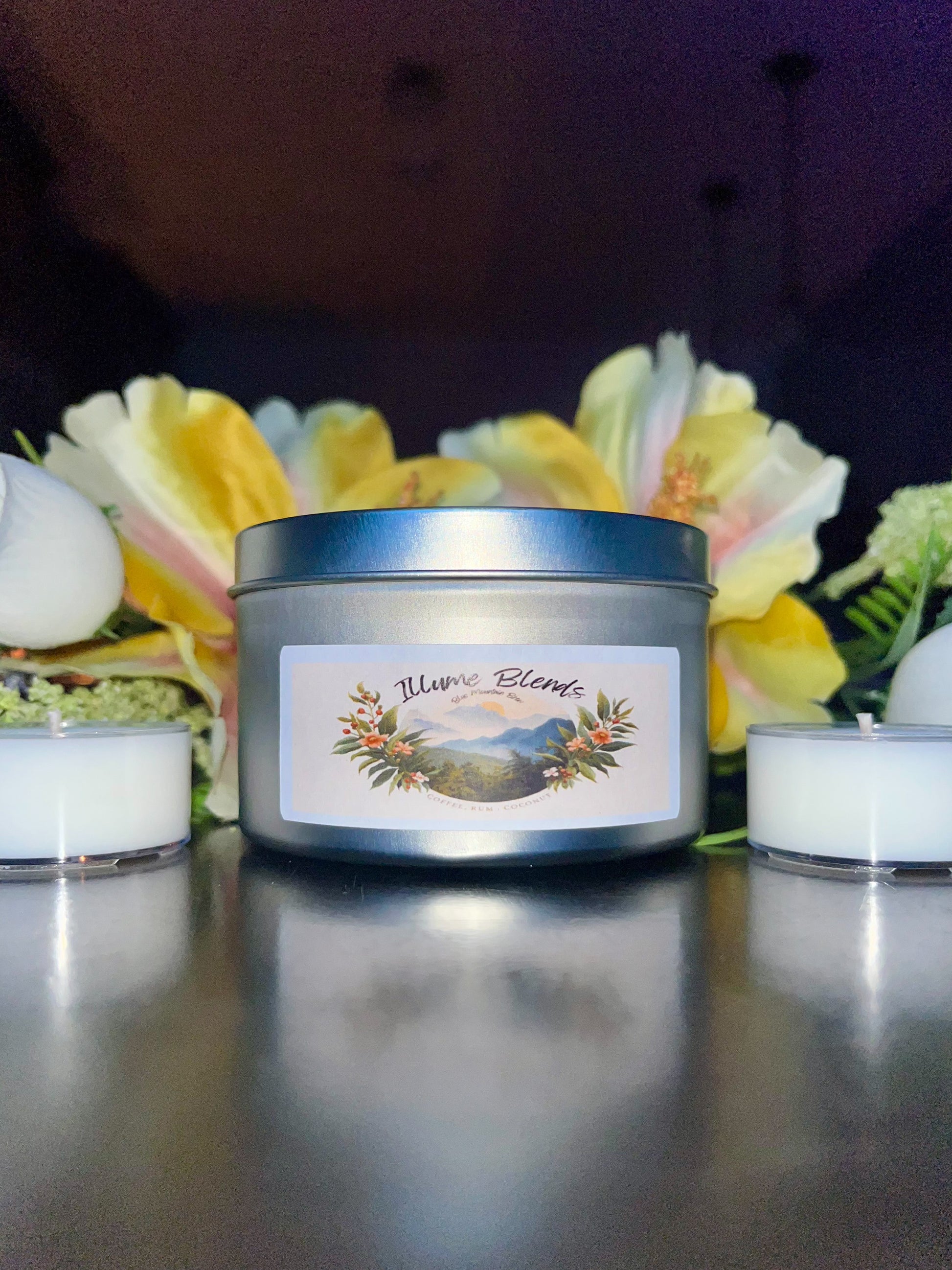 Hand-poured Blue Mountain Brew collaboration candle with coffee, rum, and caramel notes in a reusable vessel