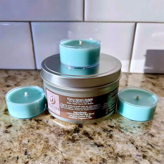 Hand-poured Winter Spruce Delight luxury candle with spruce, citrus, and cranberry for a fresh winter scent