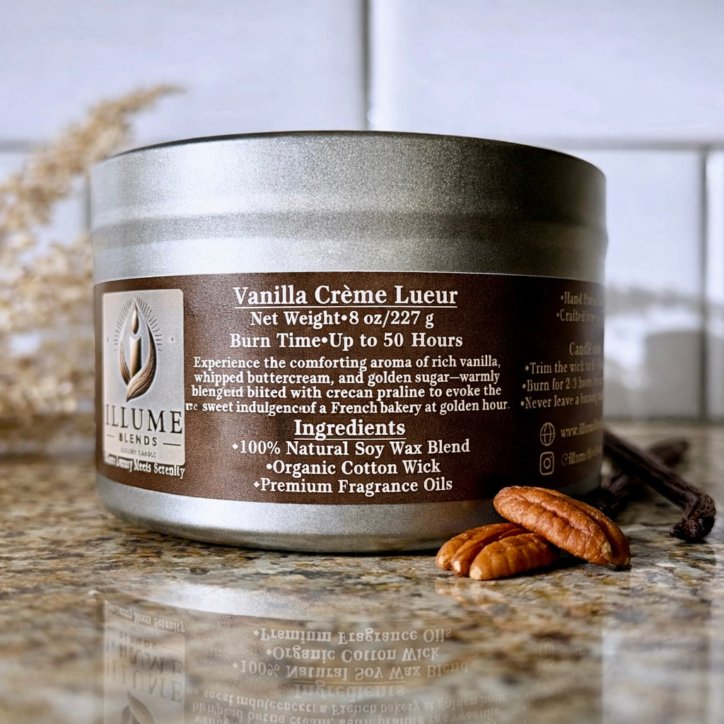 Hand-poured Vanilla Crème Lueur premium luxury candle with vanilla bean, buttercream, and pecan praline