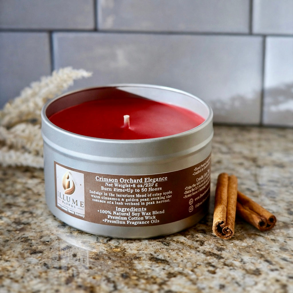 Hand-poured Crimson Orchard Elegance luxury candle with apple, cinnamon, and golden pear