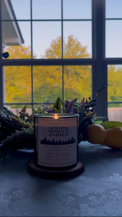 Spring Spruce Ember candle in forest green vessel with soft natural lighting.