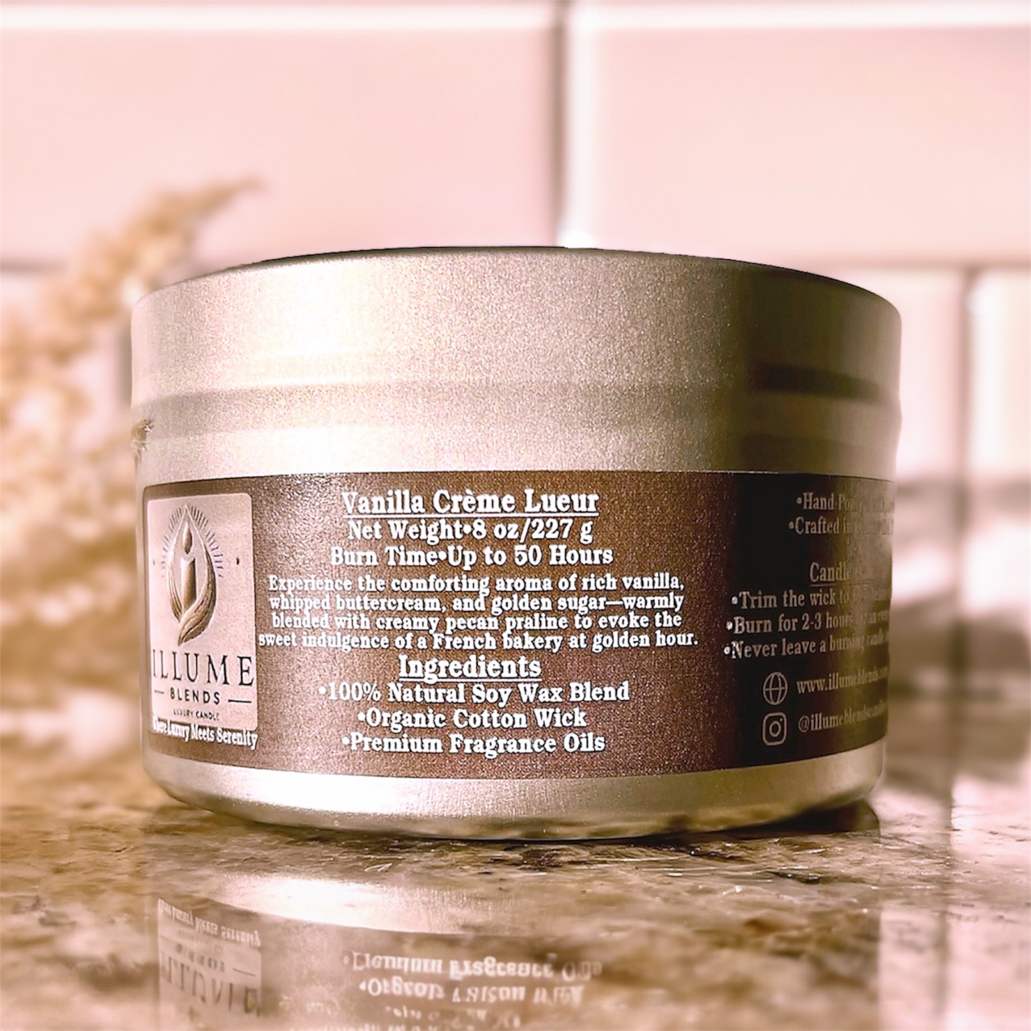 Illume Blends Vanilla Crème Lueur 8 oz luxury candle inspired by a French bakery at golden hour, styled in warm natural light.